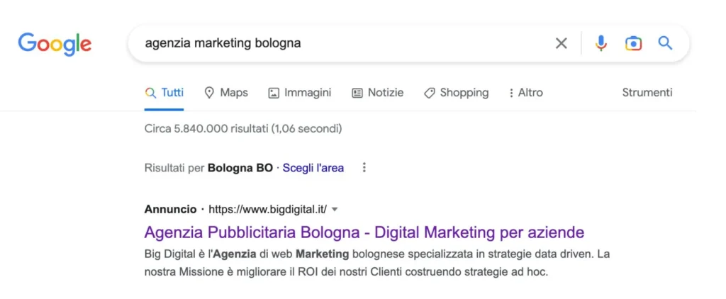 Esempio di campagna Google Search eseguita da BIG Digital